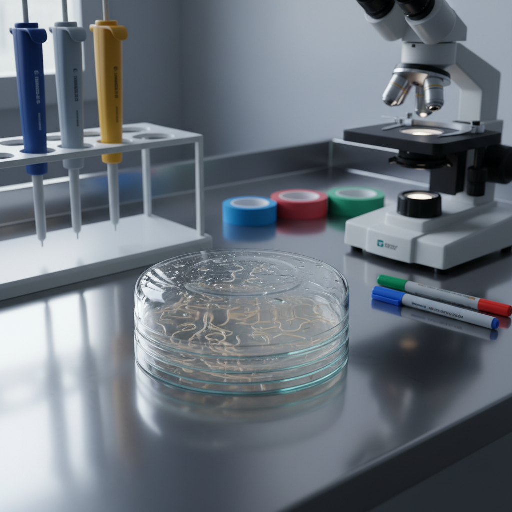An ultra-detailed, photographic image of a petri dish on a stainless steel lab bench, containing several thin, transparent agar plates with C. elegans nematodes visible as delicate, pale worms against the clear medium. Fine condensation beads form along the inside of the lids, hinting at recent incubation. The bench holds a precisely arranged set of micropipettes, a dissecting microscope off to the side, and color-coded lab tape and markers. Cool-white ceiling lights produce clean, diffuse illumination with soft reflections on the metal surface. Captured from a slightly elevated angle with a medium depth of field, the composition feels methodical and focused, emphasizing the careful groundwork behind studying fertilization and gamete activation in a real research lab.