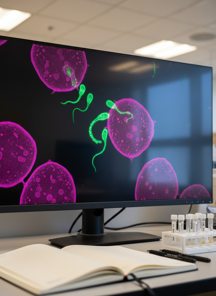 A highly detailed, photographic image of a computer workstation displaying a vivid, false-color fluorescence micrograph of C. elegans sperm and oocytes interacting, shown as glowing, cell-like structures in greens and magentas. The monitor sits on a clean lab desk beside a research notebook with blank, cream-colored pages, pens, and a small rack of labeled sample tubes. Subtle reflections appear on the monitor’s black bezel. Overhead lab lights combine with the monitor’s cooler glow to create mixed, but soft illumination and gentle shadows behind objects. Captured from a three-quarter angle at desk height with a shallow depth of field that keeps the screen tack sharp while the peripherals softly blur, the mood suggests focused data analysis in a serious, academic fertility genetics lab.