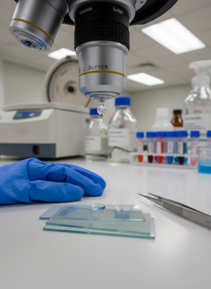A close-up, photographic realism shot of a gloved hand substitute represented only by a blue nitrile glove laid in a natural curved position beside fine-tipped forceps and glass slides, avoiding any visible human anatomy. At the center, a glass slide holds a precise droplet of buffer solution with faintly visible C. elegans gametes under a dissecting microscope objective. The background shows a blurred centrifuge, labeled reagent bottles, and an organized rack of microtubes. Bright, evenly diffused lab lighting from overhead panels creates clear highlights on glass and metal and very soft shadows. Framed using the rule of thirds at bench level, the scene communicates meticulous, in-progress genetic experimentation in a calm, professional academic setting.