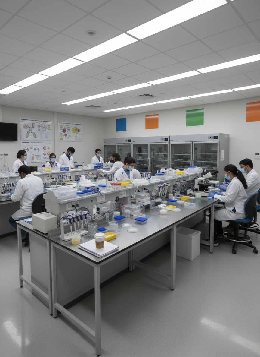 A wide, photographic view of a modern university genetics laboratory dedicated to fertility research, captured from one corner of the room. Multiple lab benches line the space, each equipped with microscopes, pipette stands, vortex mixers, and neatly stacked boxes of consumables. Refrigerators and incubators form a clean backdrop along the far wall, with safety signage rendered as color blocks without readable text. Neutral overhead fluorescent lighting creates an even, clinical brightness with minimal contrast, revealing the subtle texture of white benchtops and polished floors. Shot with a wide-angle lens and deep depth of field so every workstation appears sharp, the composition emphasizes organization, rigor, and a collaborative environment for investigating C. elegans fertilization and gamete activation.